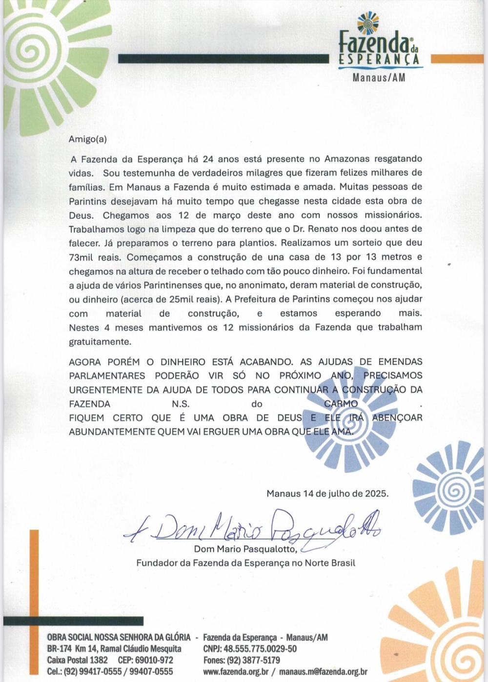 Dom Mário pede doações para construção da Fazenda da Esperança em Parintins