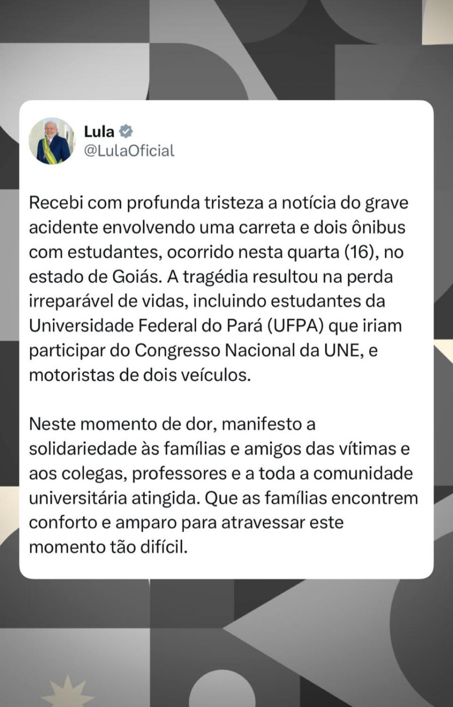 Presidente Lula lamenta morte de estudantes da UFPA em acidente na BR-153